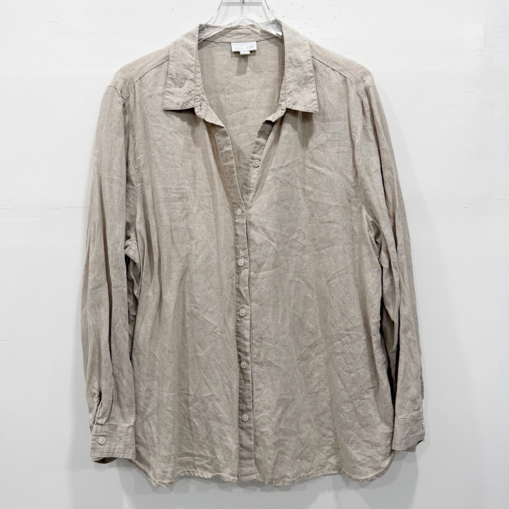 J. Jill Love Linen Beige Button Down Shirt Long Sleeve Size XL Missy Coastal